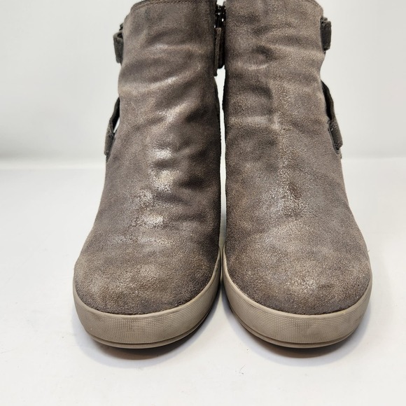 Eileen Fisher Zest Metallic Gray Beige Leather Wedge Ankle Booties Size 6 Zipper - Picture 3 of 9